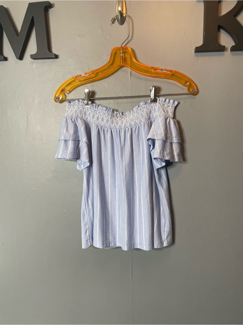 American Eagle Off-Shoulder Light Blue Stripe Smocked Top size XS